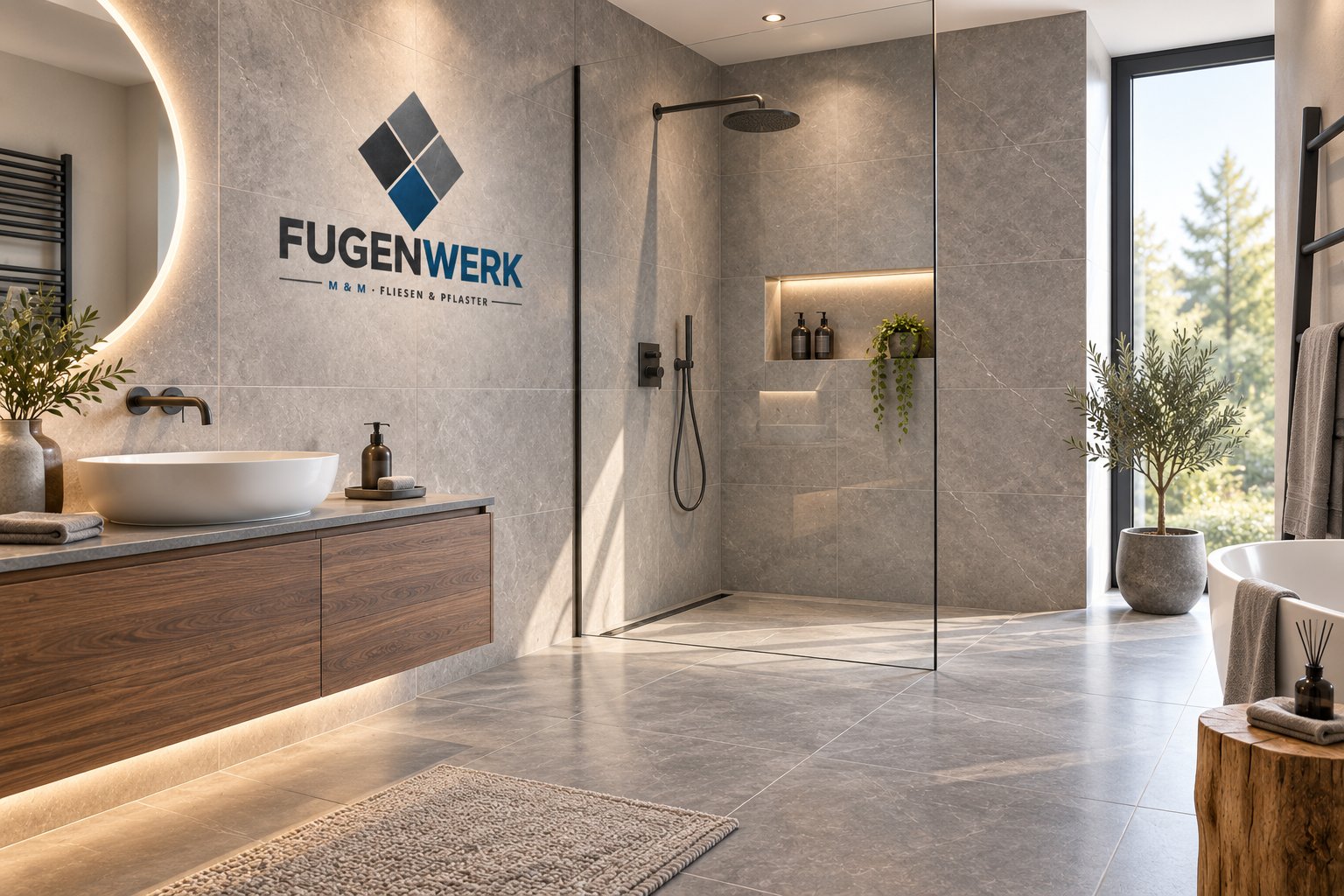 Badsanierung: frisch gefliestes Bad mit bodengleicher Dusche